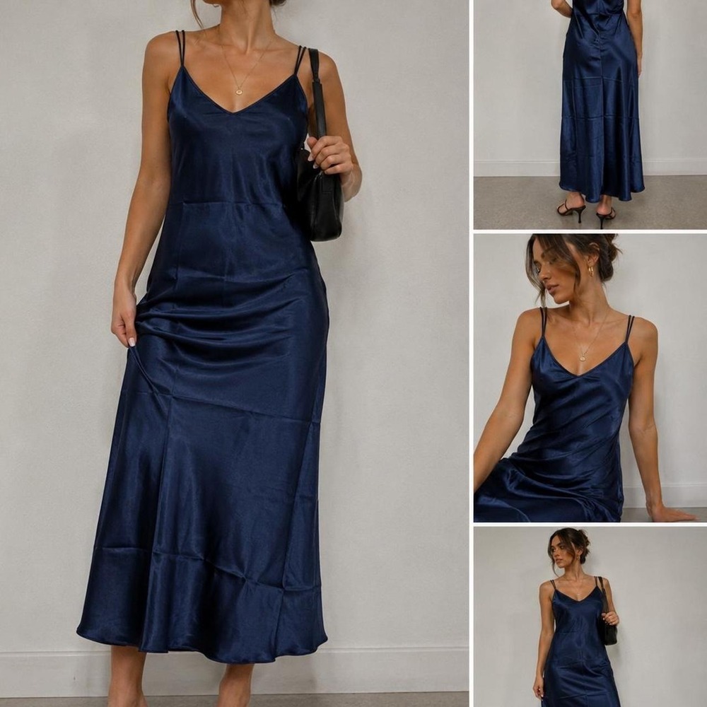 Satin Navy Maxi Slip Dress with Double Spaghetti Straps